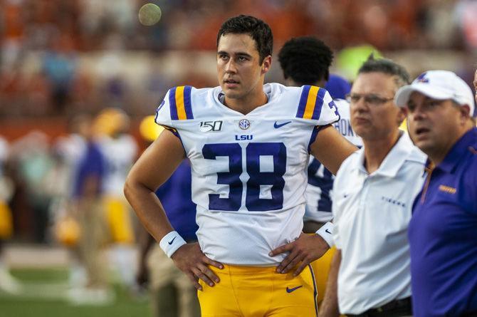 LSU junior punter Zach Von Rosenberg (38) watches from the sidelines during the Tigers' 45-38 victory over Texas on Saturday, Sept. 7, 2019, at Darrell K Royal&#8211;Texas Memorial Stadium.