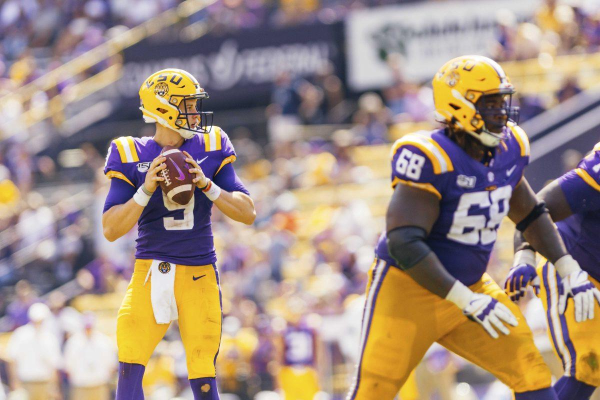 LSU senior quarterback Joe Burrow (9) with the ball during the Tigers' 42-6 win against Utah State on Saturday, October 5, 2019 in Tiger Stadium.