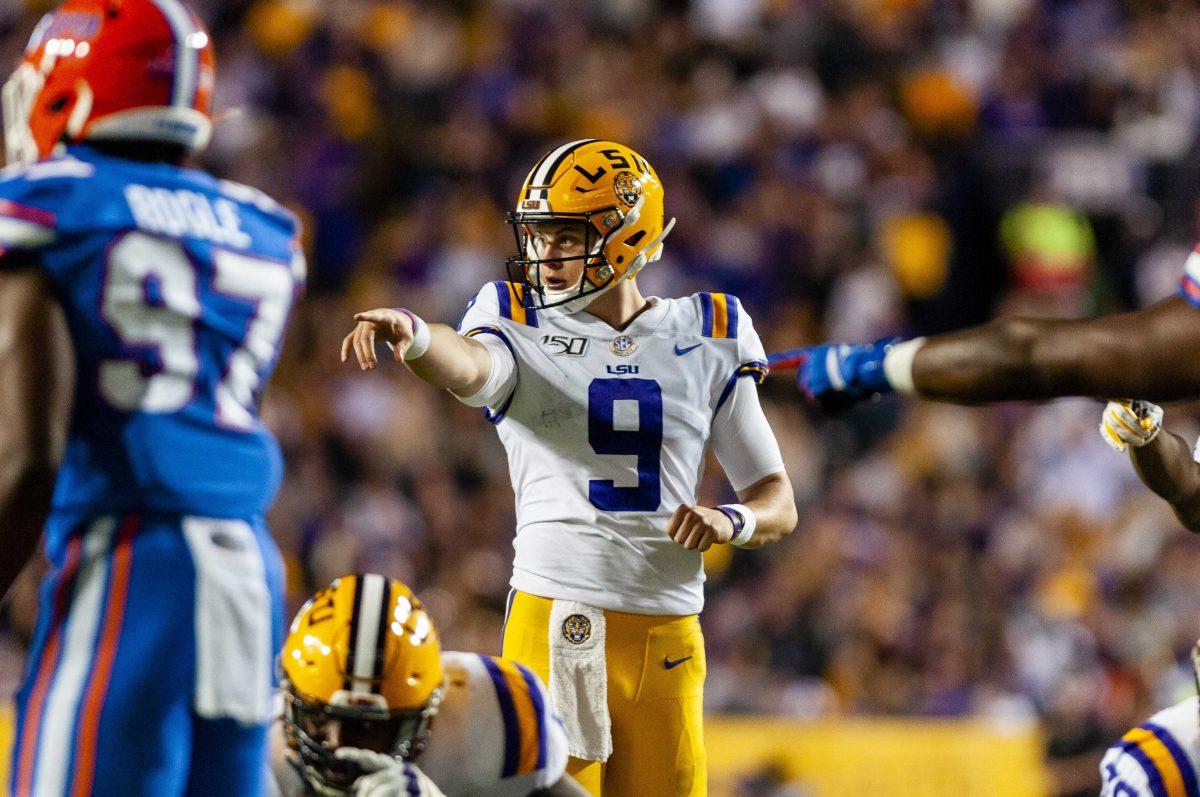 LSU senior quarterback Joe Burrow (9) prepares for a snap during the Tigers' 42-28 victory over Florida on Saturday, Oct. 12, 2019, at Tiger Stadium.