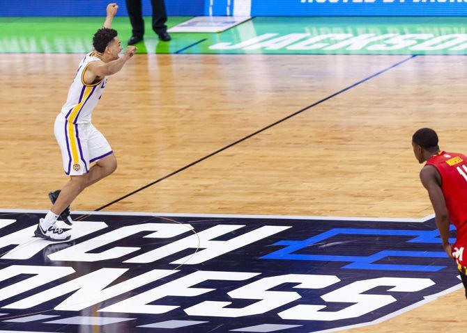 LSU junior guard Skylar Mays (4) cheers after the Tigers' 69-67 victory over Maryland on Saturday, March 23, 2019, in the Jacksonville Veterans Memorial Arena.