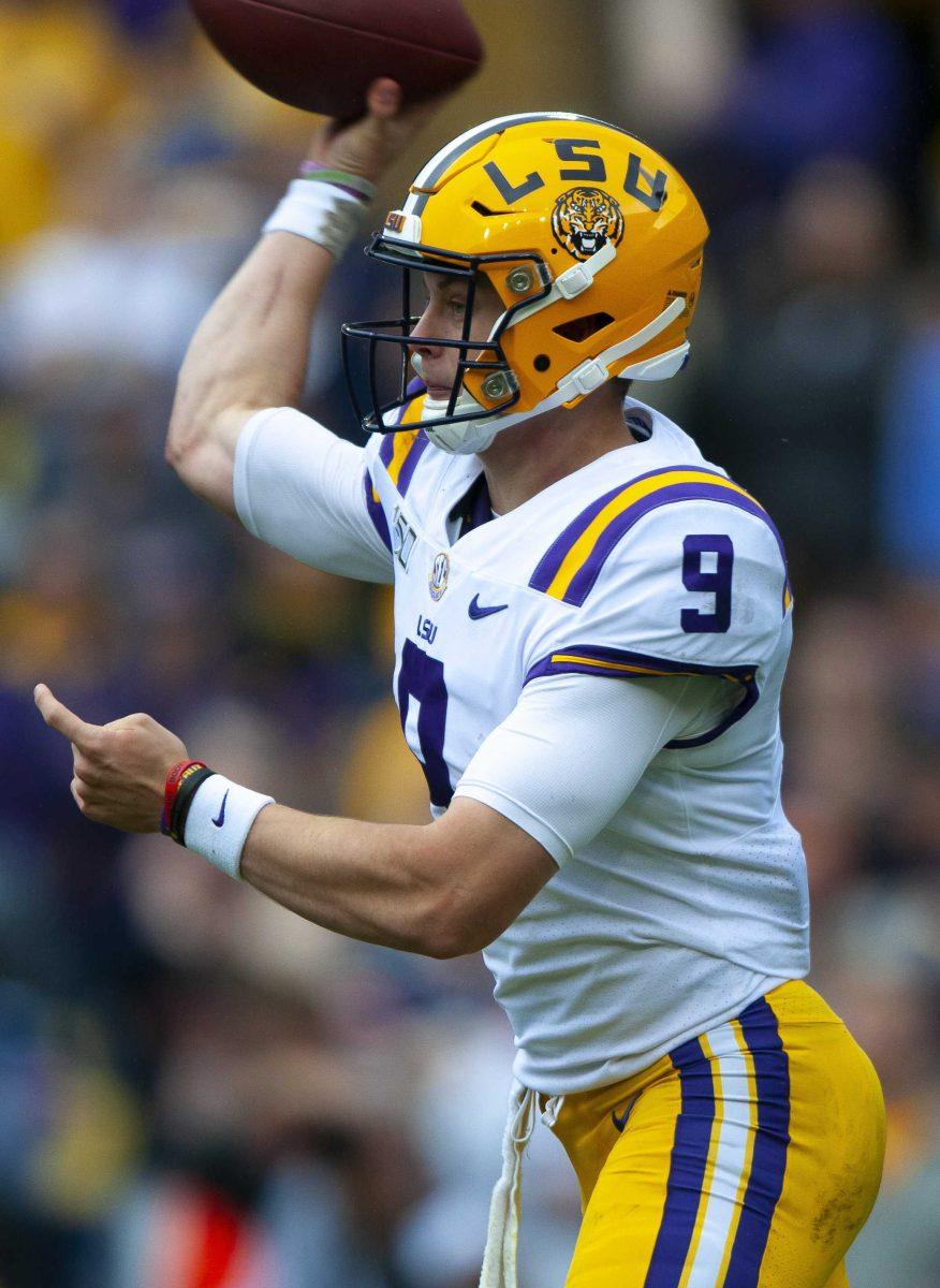 LSU senior quarterback Joe Burrow (9) passes the ball during the Tigers&#8217; 23-20 victory over Auburn on Saturday, Oct. 26, 2019, in Tiger Stadium.