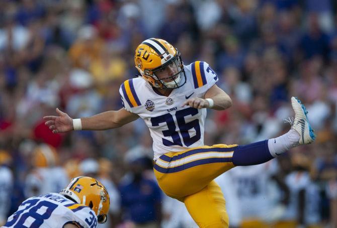 LSU sophomore placekicker Cole Tracy (36) attempts a field goal during the Tigers' 36-16 victory against Georgia&#160;at Tiger Stadium on Saturday, Oct. 13, 2018.