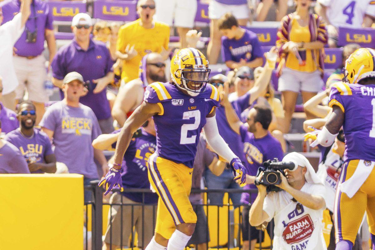 LSU junior wide receiver Justin Jefferson (2) right after making a touchdown during the Tiger's 42-6 win against Utah State on Saturday, October 5, 2019 at Tiger Stadium.