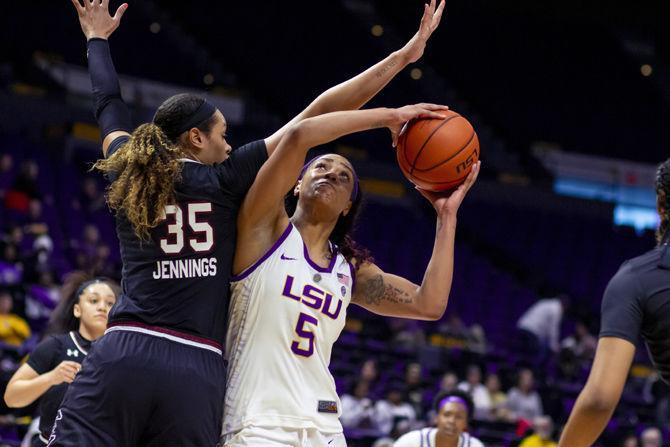 LSU junior forward Ayana Mitchell (5) shoots the ball during the lady Tigers' 76-52 loss to South Carolina, on Sunday, Jan. 13, 2019 in the PMAC.