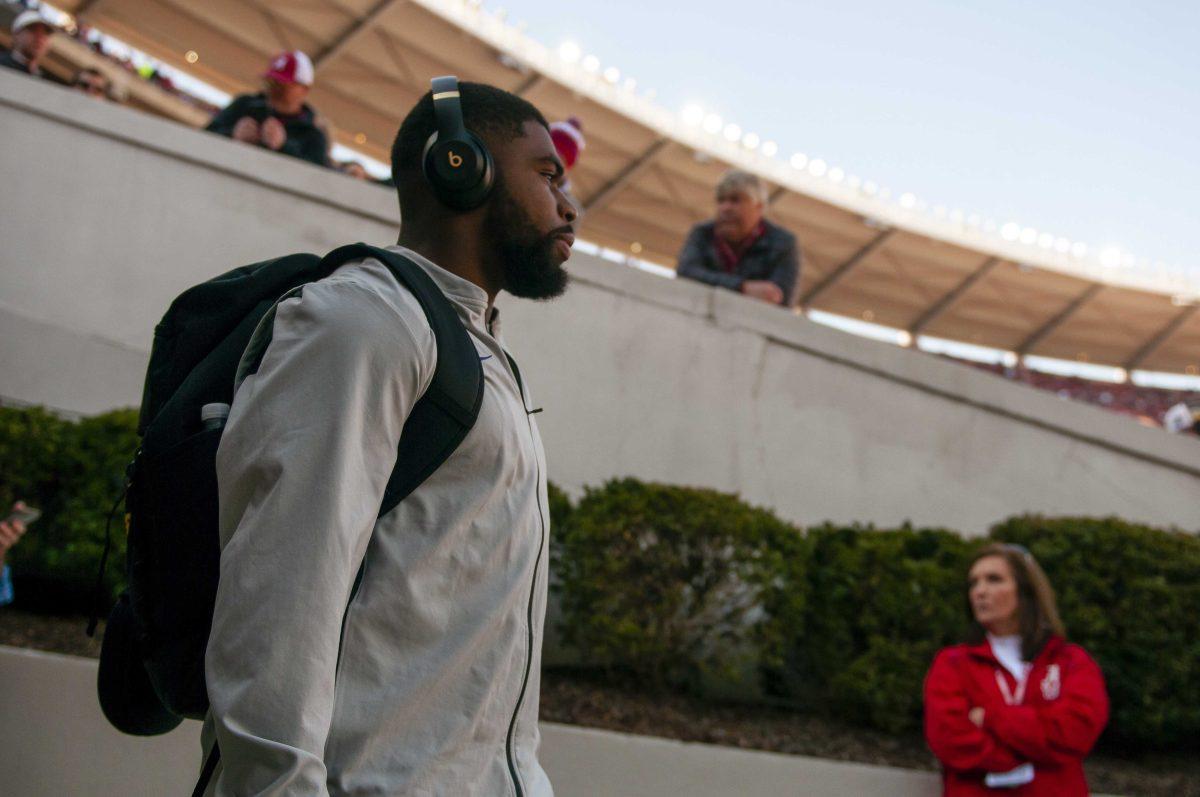 LSU junior running back Clyde Edwards-Helaire (22) enters Bryant-Denny Stadium on Saturday, Nov. 9, 2019.