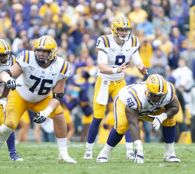 LSU senior quarterback Joe Burrow (9) waits for the ball during the Tigers' game against Auburn on Saturday, Oct. 26, 2019, at Tiger Stadium.