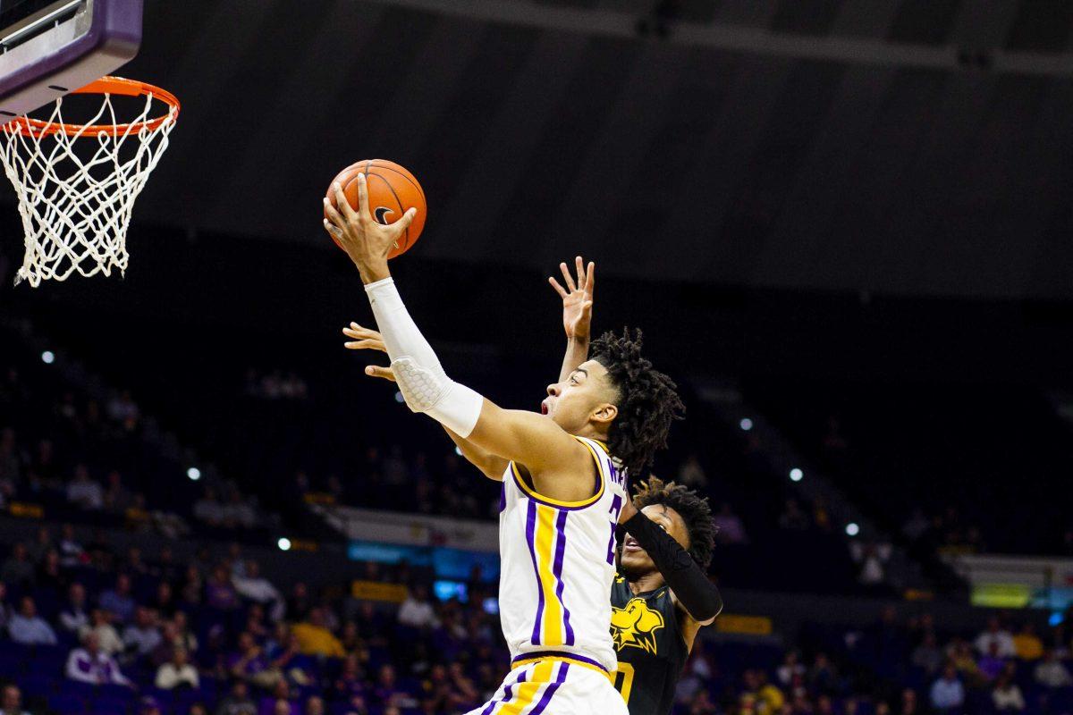 LSU freshman forward Trendon Watford (2) lays the ball in the basket during the Tigers' 77-50 victory over UMBC on Tuesday, Nov. 19, 2019, in the PMAC.