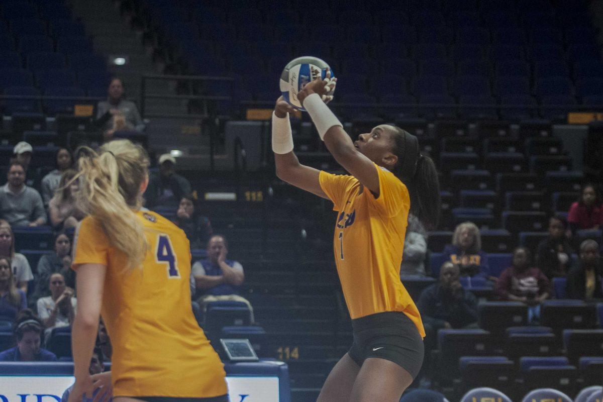 LSU junior right side Taylor Bannister sets the ball during the Tigers' 3-0 victory against Auburn on Wednesday, Nov. 6, 2019, in the PMAC.