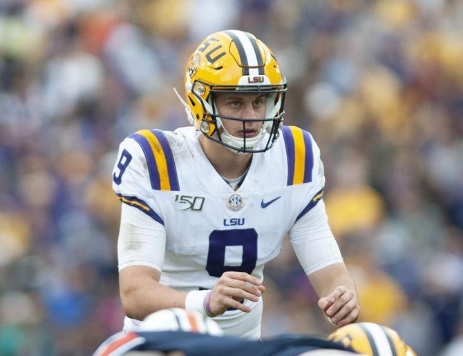 LSU senior quarterback Joe Burrow (9) prepares to throw the ball during the Tigers' game against Auburn on Saturday, Oct. 26, 2019, at Tiger Stadium.