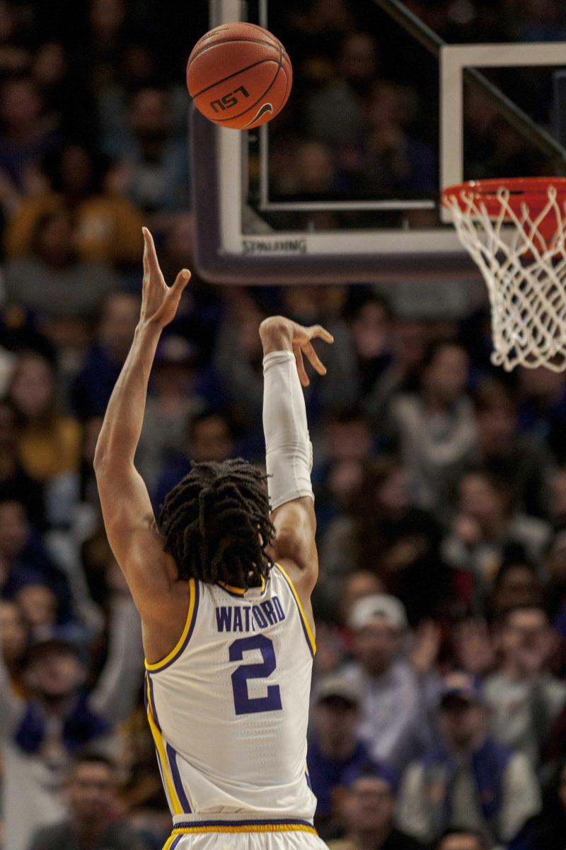 LSU freshman forward Trendon Watford (2) shoots a freethrow during the Tigers' 88-79 victory against the Bowling Green Falcons on Friday, Nov. 8, 2019, in the PMAC.