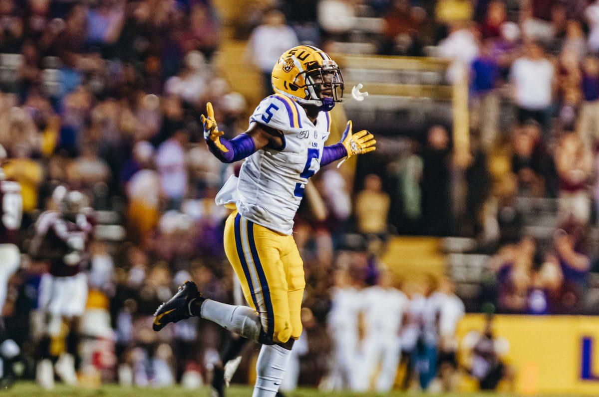 LSU junior cornerback Kary Vincent Jr. hypes up the crowd during the Tigers' 50-7 victory over Texas A&amp;M on Saturday, November 30, 2019.