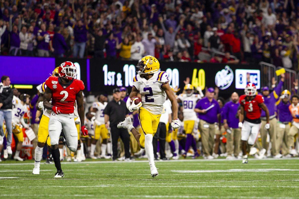 LSU junior receiver Justin Jefferson (2) runs down the field during the Tigers' 37-10 victory over Georgia on Saturday, Dec. 7, 2019, in Mercedes Benz Stadium.