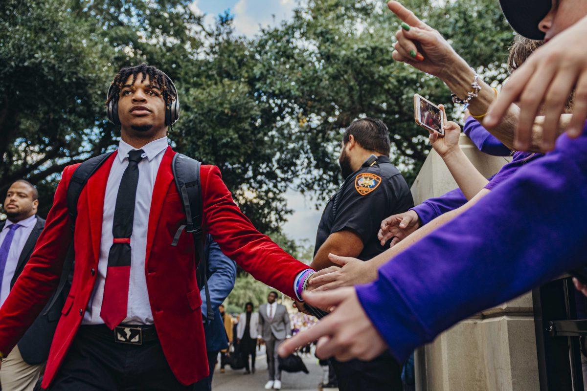 LSU sophomore wide receiver Ja'Marr Chase interacts with fans on Victory Hill before the LSU vs. Texas A&amp;M football game on Saturday, November 30, 2019.