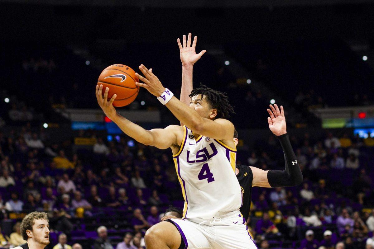 LSU senior guard Skylar Mays (4) drives to the basket during the Tigers' 77-50 victory over UMBC on Tuesday, Nov. 19, 2019, in the PMAC.