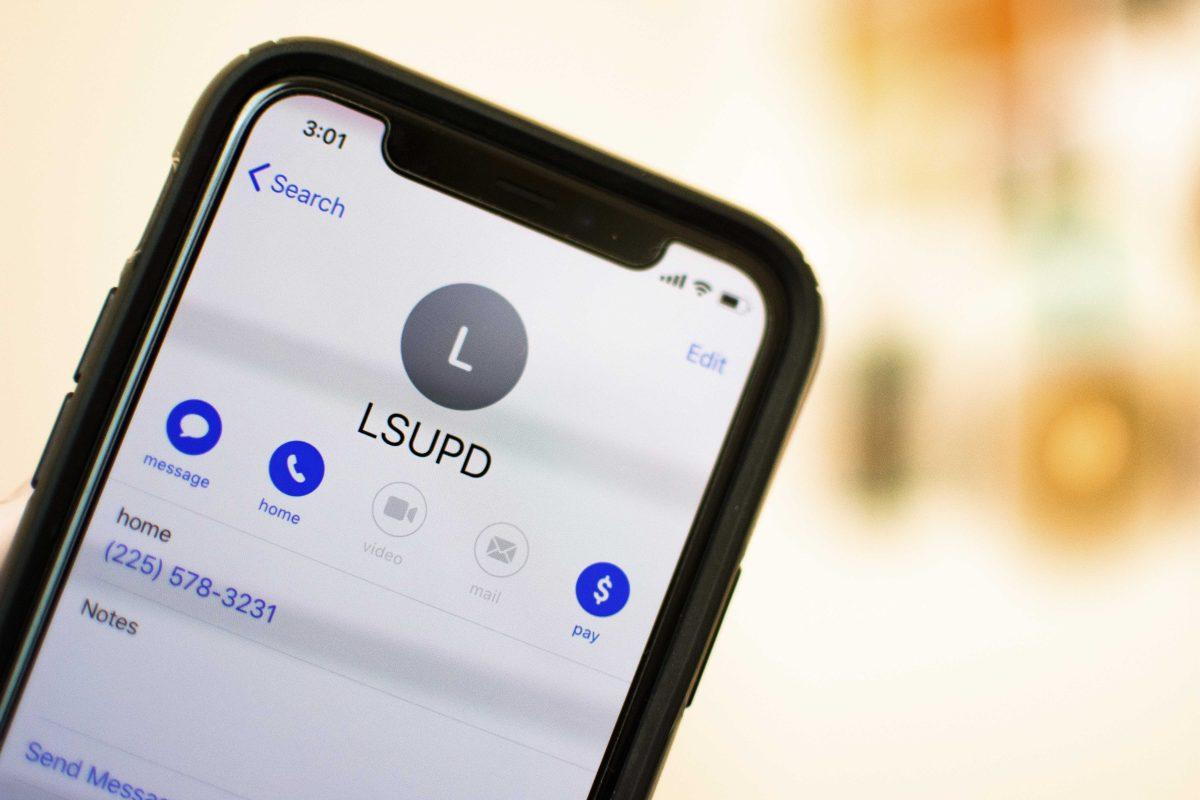 The LSUPD contact number sits in an iPhone Sunday, November 11, 2019, in Baton Rouge, La.