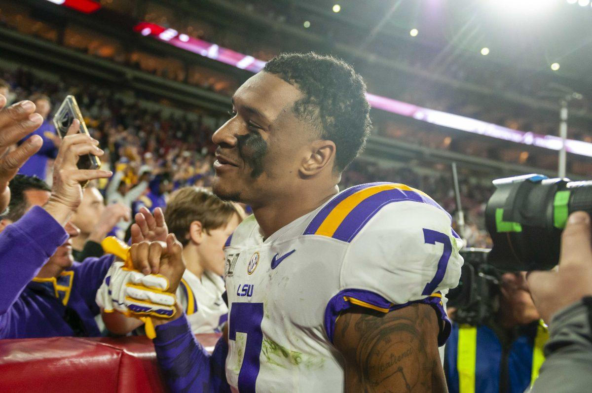 LSU sophomore safety Grant Delpit (7) celebrates after the Tigers' 46-41 victory over Alabama in Bryant-Denny Stadium on Saturday, Nov. 9, 2019.