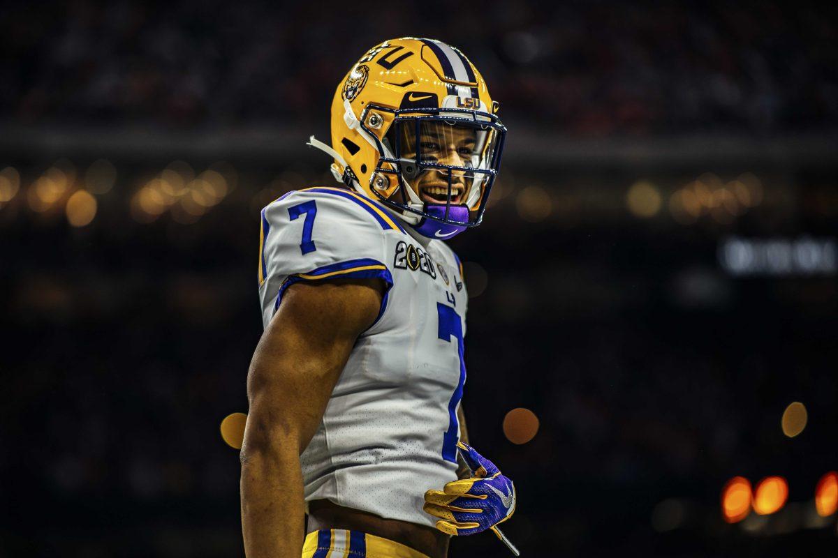 LSU junior safety Grand Delpit (7) laughs on Monday, January 13, 2020 during LSU's 42-25 win against Clemson at the National Championship at the Mercedes-Benz Superdome.