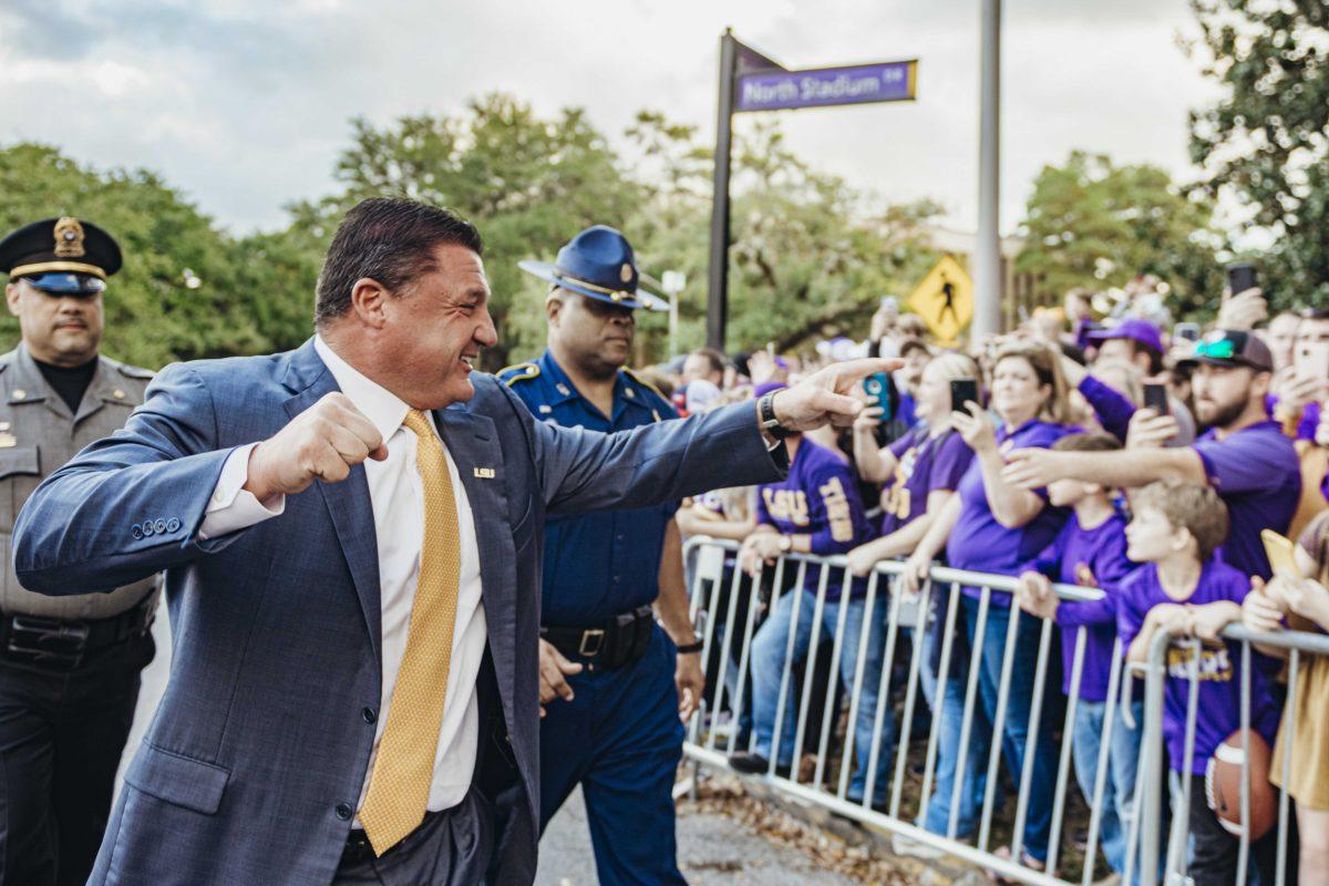 LSU Coach Ed Orgeron hypes up the crowd on Victory Hill before the LSU vs. Texas A&amp;M football game on Saturday, November 30, 2019.