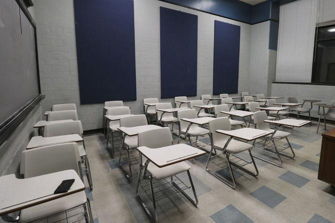 An empty classroom in Allen Hall on Thursday, March 1, 2018.&#160;