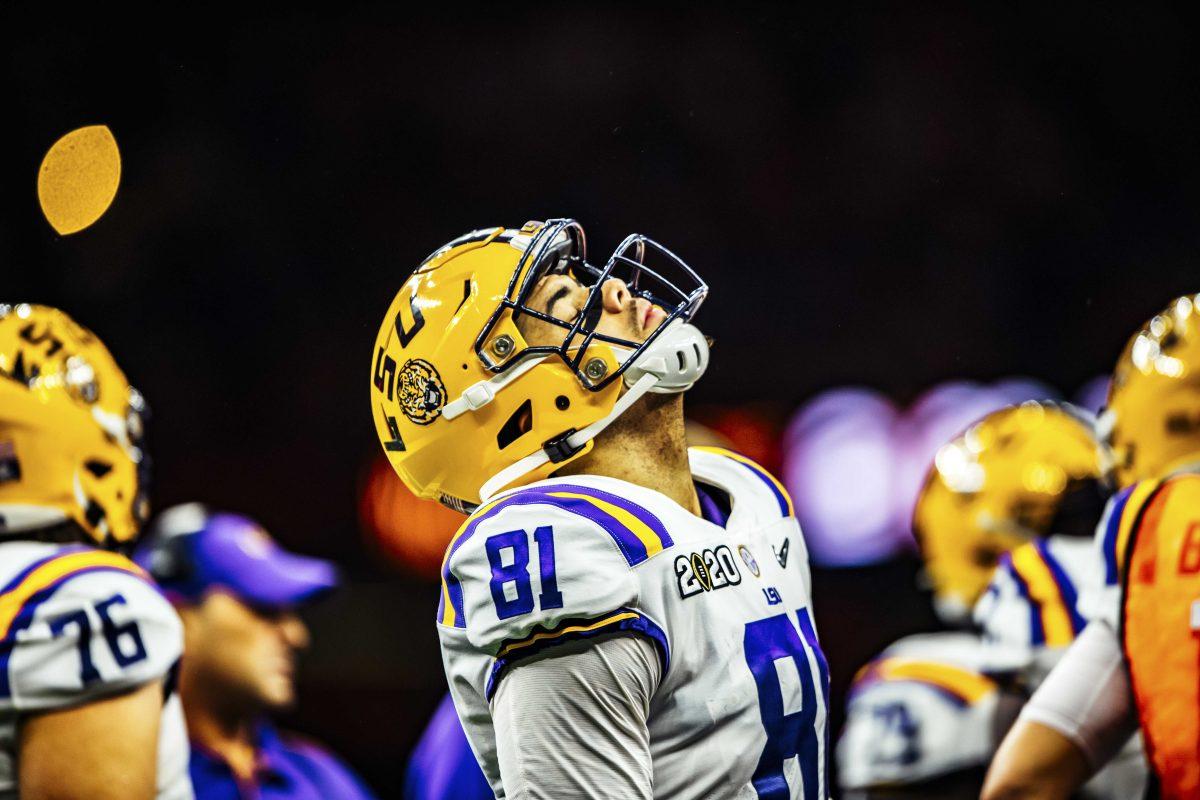 LSU junior tight end Thaddeus Moss (81) focuses on the field on Monday, January 13, 2020 during LSU's 42-25 win against Clemson at the National Championship at the Mercedes-Benz Superdome.