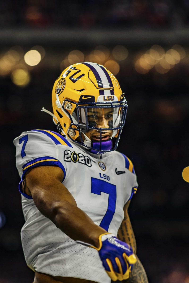 LSU junior safety Grand Delpit (7) points down on Monday, January 13, 2020 during LSU's 42-25 win against Clemson at the National Championship at the Mercedes-Benz Superdome.