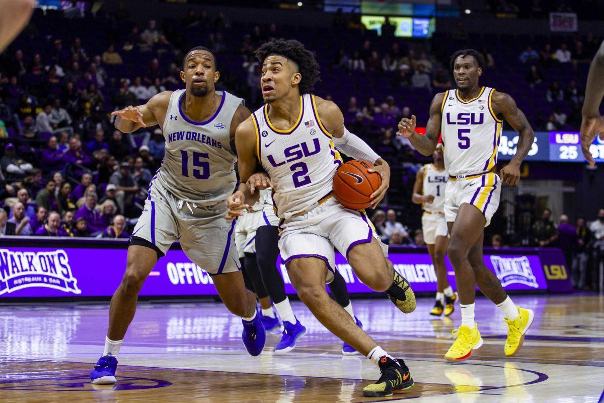 LSU freshman forward Trendon Watford (2) drives to the basket during the Tigers' 90-54 victory over the University of New Orleans on Wednesday, Dec. 3, 2019, in the PMAC.