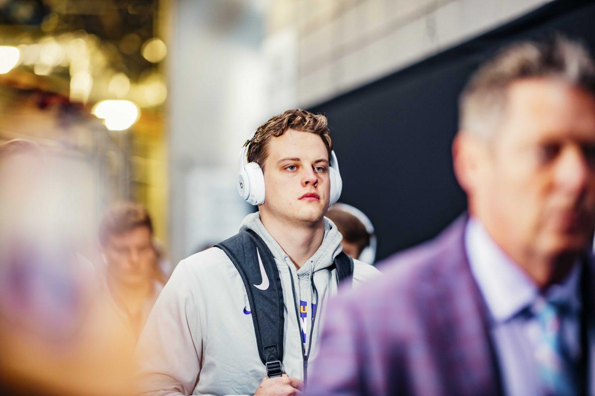 LSU senior quarterback Joe Burrow (9) arrives on January 13, 2020 before LSU's 42-25 win against Clemson in the Mercedes-Benz Superdome.