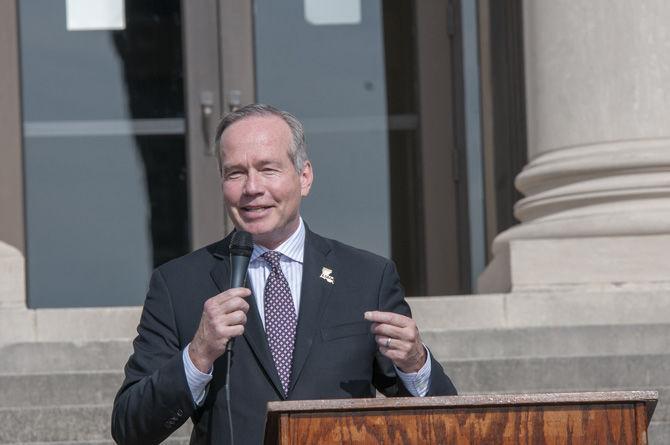 <p>LSU president F.King Alexander speaks at the Student government inauguration ceremony that took place at the Law school on Tuesday, April 2, 2019.</p>