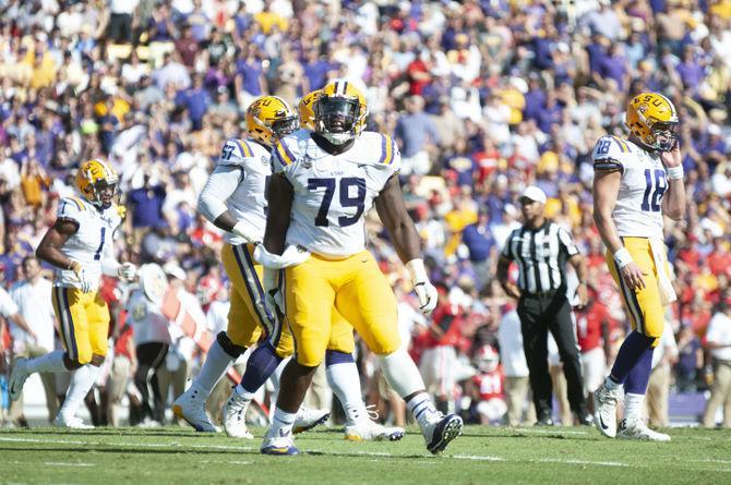 LSU sophomore center Lloyd Cushenberry III (79) Celebrates after tackle against Georgia on Saturday, Oct. 13,2018.