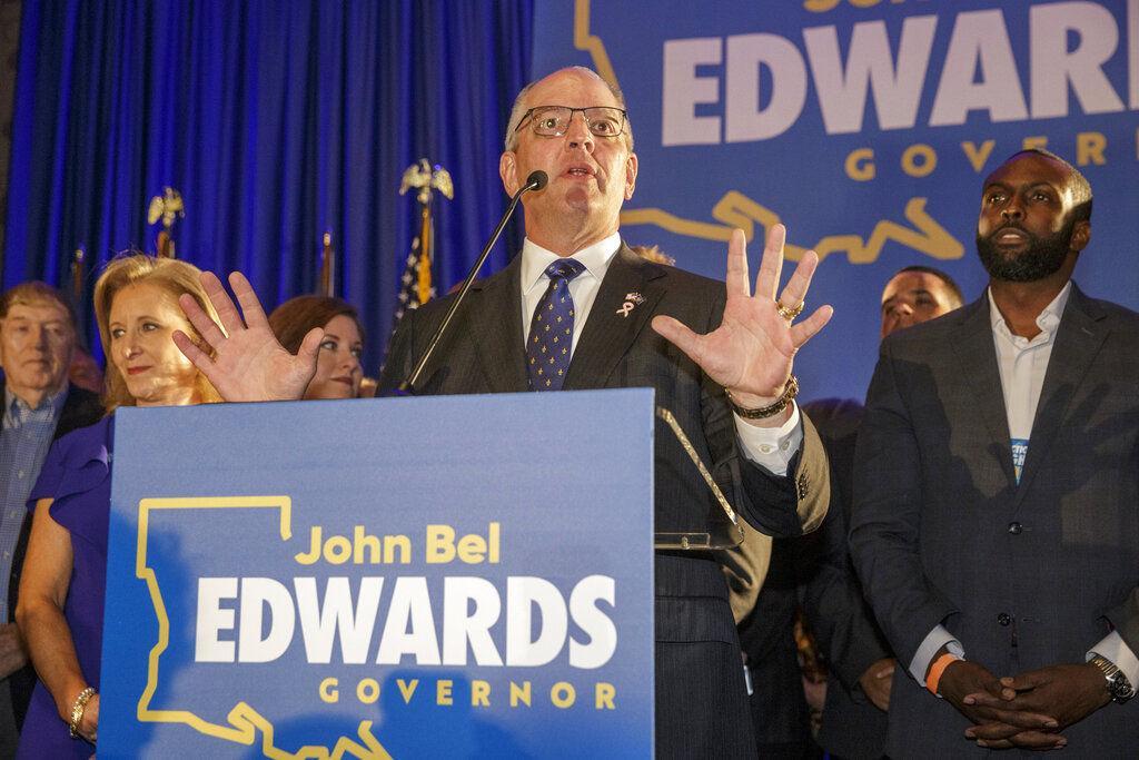 Louisiana Gov. John Bel Edwards speaks at his election night watch party in Baton Rouge, La., Saturday, Oct. 12, 2019. (AP Photo/Brett Duke)