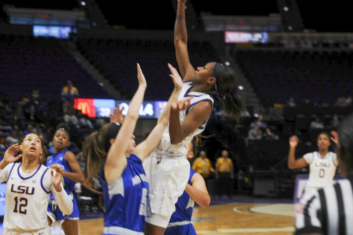 LSU junior guard Khayla Pointer (3) takes a jump shot during the Lady Tigers' 83-49 victory over the University of New Orleans in the PMAC on Tuesday, Nov. 5, 2019.