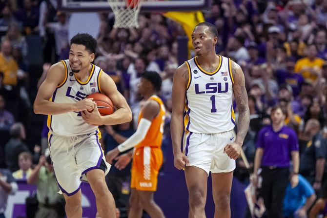 LSU junior guard Skyler Mays (4) and freshmen guard Ja'vonte Smart (1) celebrate after the Tigers 82-80 victory over Tennesse on Saturday, Feb. 23, 2019.