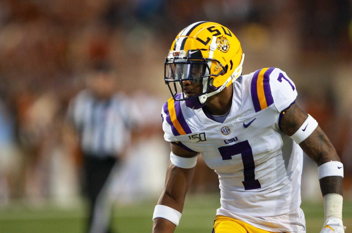 LSU junior safety Grant Delpit (7) waits the the whistle during the Tigers' 45-38 victory over Texas on Saturday, Sept. 7, 2019, at Darrell K Royal &#8211; Texas Memorial Stadium.