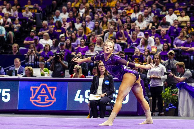 LSU junior all-around Ruby Harrold performs a floor routine during the second round of the gymnastics regionals on Saturday, April 6, 2019, in the PMAC.