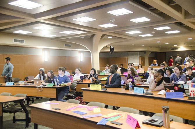 The LSU Student Government senators discuss the implementation of new bills on Wednesday, March 14, 2018, in the LSU Student Union Capital Chamber.