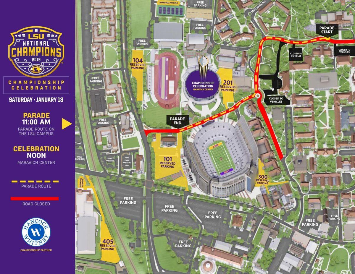 The "celebration map" depicts the parade route, as well as the parking lots that will be closed or reserved.