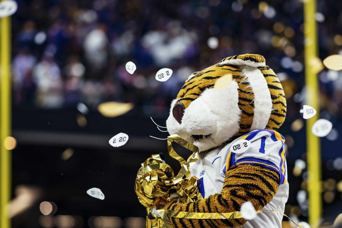 Mike the Tiger celebrates on Monday, January 13, 2020 after LSU's 42-25 win against Clemson at the National Championship in the Mercedes-Benz Superdome.