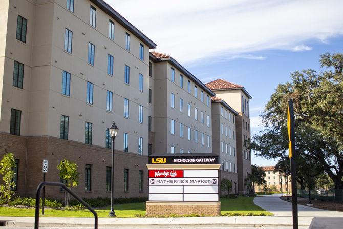 <p>Nicholson Gateway Apartments sit between West Chimes Street and Skip Bertman Drive on Sunday, Oct. 21, 2018.</p>