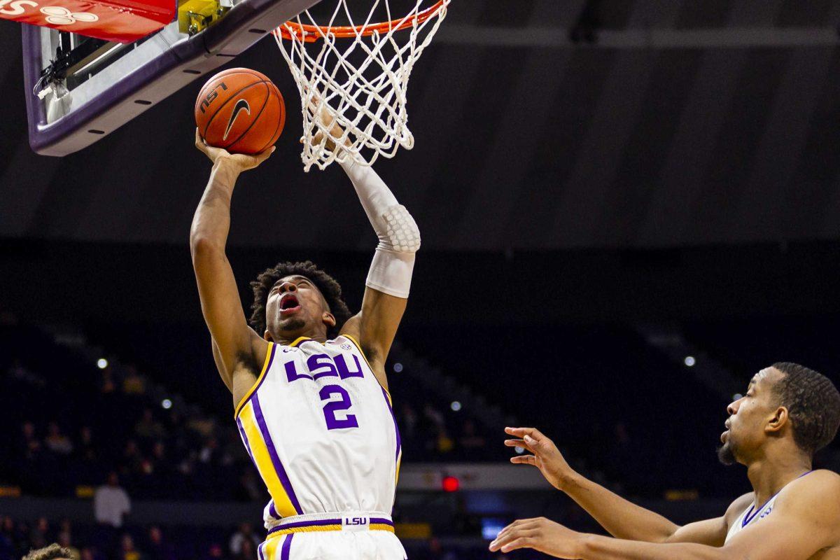 LSU freshman forward Trendon Watford (2) shoots over a defender during the Tigers' 90-54 victory over the University of New Orleans on Wednesday, Dec. 3, 2019, in the PMAC.