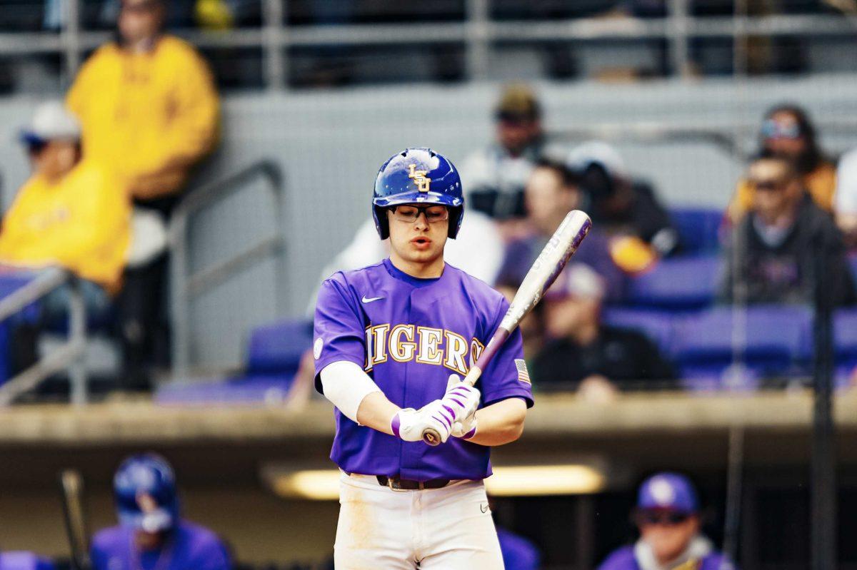 LSU baseball junior Zack Mathis (17) prepares to bat during LSU's 7-4 victory against Indiana in Game 2 on Saturday, Feb. 15, 2020 in Alex Box.