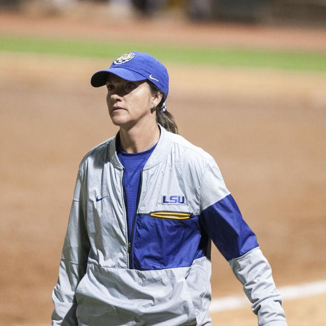 LSU softball coach Beth Torina watches the game during the Tigers&#8217; 1-0 win over Illinois State University on Friday, March 2, 2018, in Tiger Park.