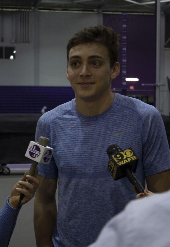 LSU freshman pole vaulter Mondo Duplantis is interviewed in the Carl Maddox Field House on Tuesday, Feb. 19, 2019.