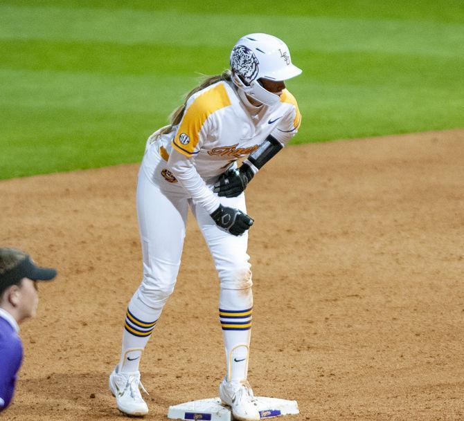 LSU freshman infielder Taylor Pleasants (17) hits a double during the Tigers' 3-2 win against the Central Arkansas Bears on Thursday, Feb 6, 2020, at Tiger Park.