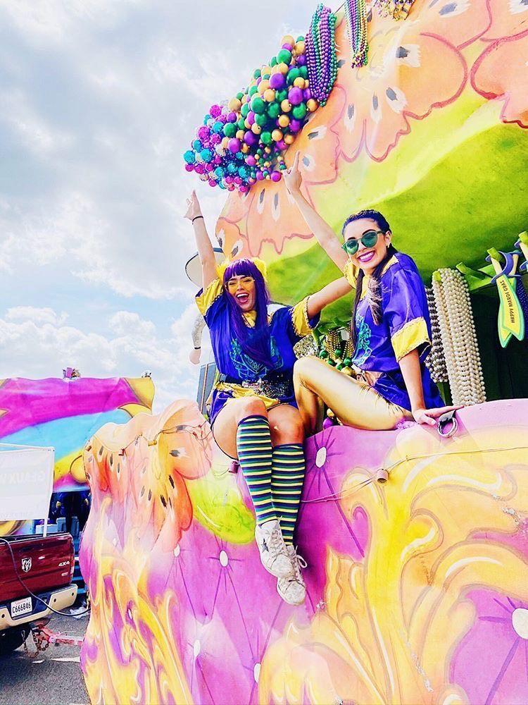 Marlo Rodrigue and Emily Rodrigue ride in Thibodaux's Krewe of Chronos parade on Feb. 23, 2020.&#160;