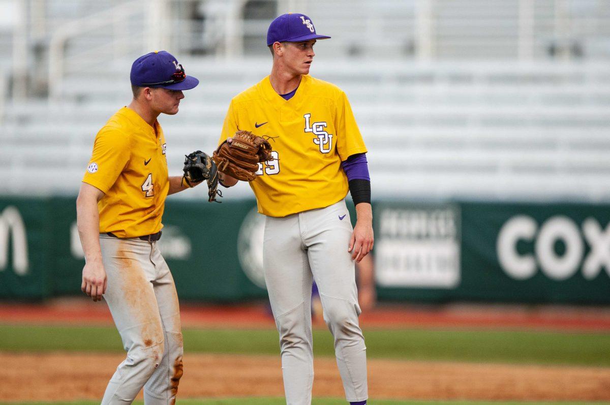 LSU baseball players prepare for a play during the Tigers' scrimmage on Thursday, Oct. 3, 2019, in Alex Box Stadium.