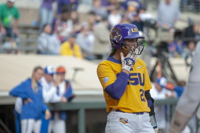 LSU sophomore pitcher Shelbi Sunseri (27) waits to hit the ball during the Tigers&#8217; 8-0 win over the Florida Gators on Sunday, March 17, 2019, at Tiger Park.