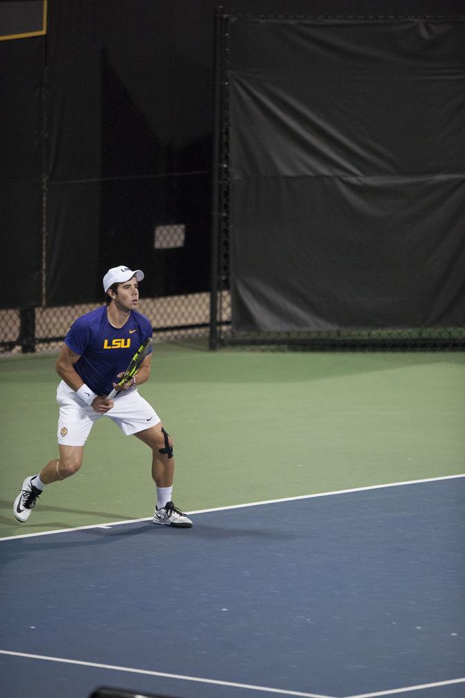 LSU freshman Rafael Wagner prepares for a play during the Tigers' 3-4 loss to Santa Clara at the LSU Tennis Complex on Friday, Feb. 3, 2017.