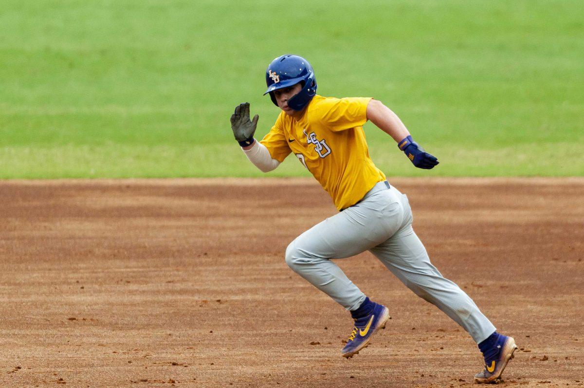 LSU freshman catcher Alex Milazzo (20) runs the bases during the Tigers' 4-3 victory over the University of New Orleans in Alex Box Stadium on Sunday, Oct. 27, 2019.