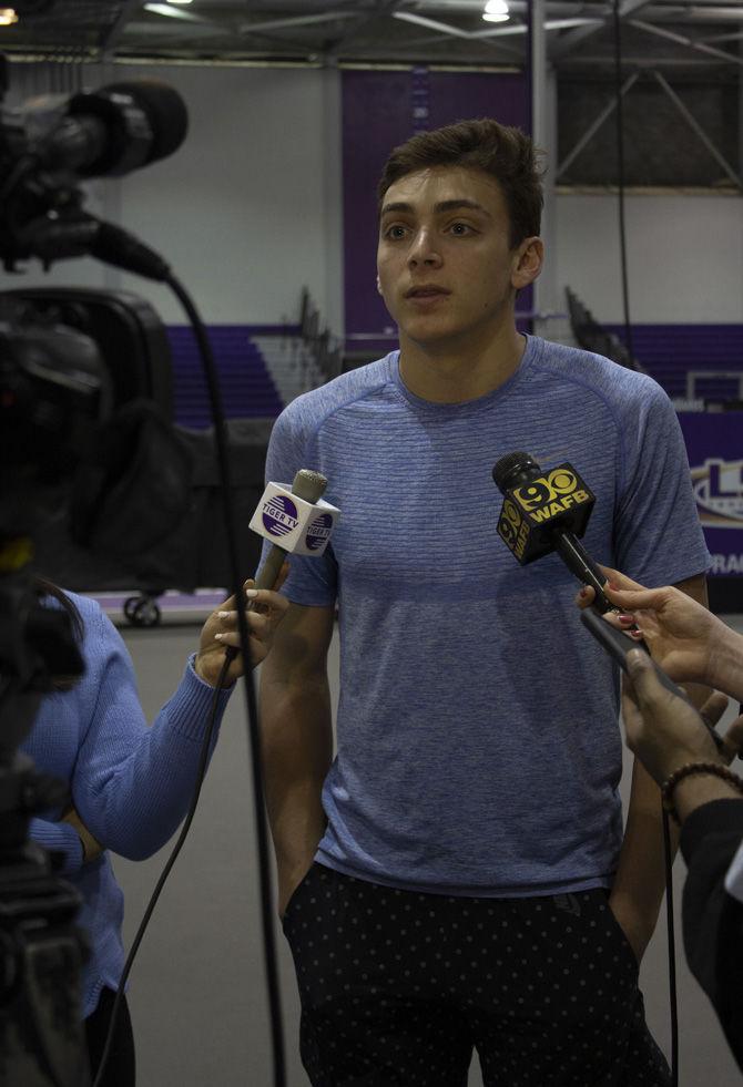 LSU freshman pole vaulter Mondo Duplantis is interviewed in the Carl Maddox Field House on Tuesday, Feb. 19, 2019.