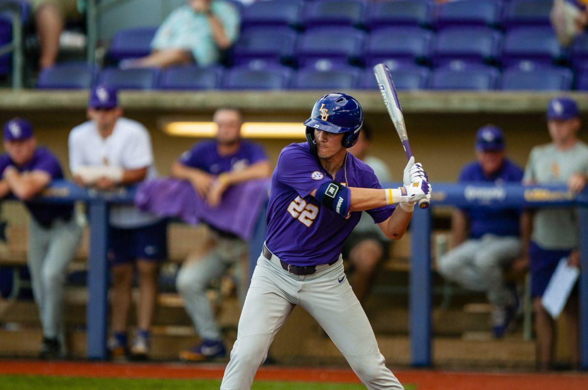 LSU freshman outfielder Mitchell Sanford (22) prepares to hit the ball during the Tigers' scrimmage on Thursday, Oct. 3, 2019, in Alex Box Stadium.